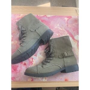 Canvas Ankle Boots Women's 8.5M Olive Green Lace Up Buckle Combat Military
